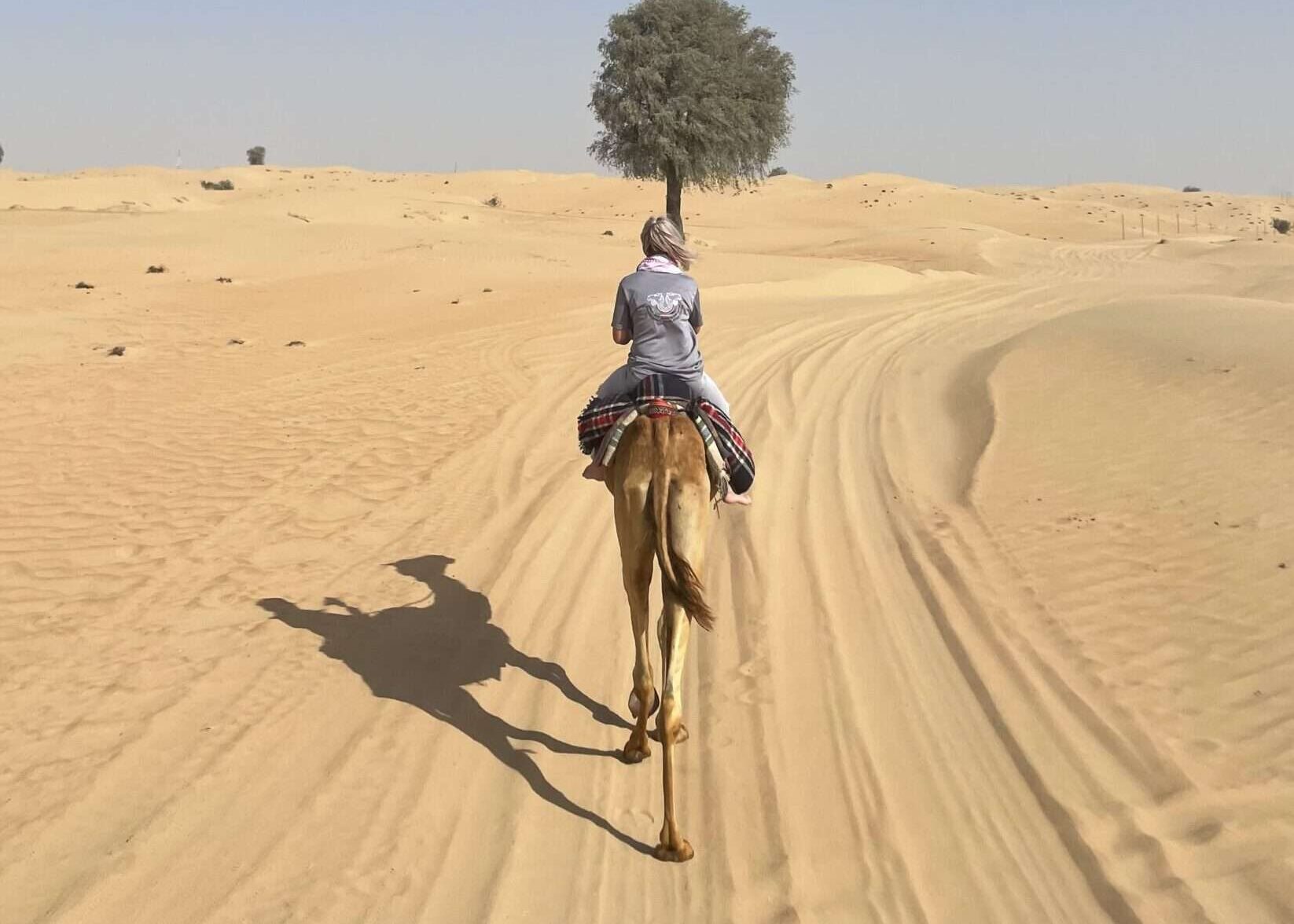 woman riding camel desert